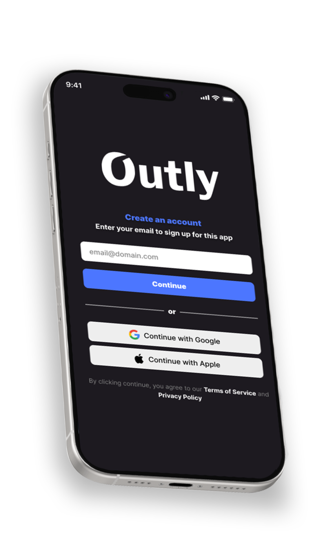 Outly sign up screen